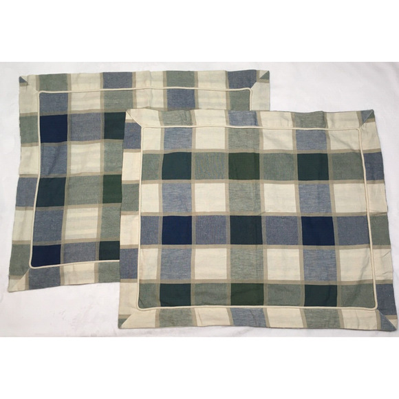 Park B Smith Blue Green Cream Block Plaid Std Shams (2) Linen-Look Cotton - Picture 1 of 10